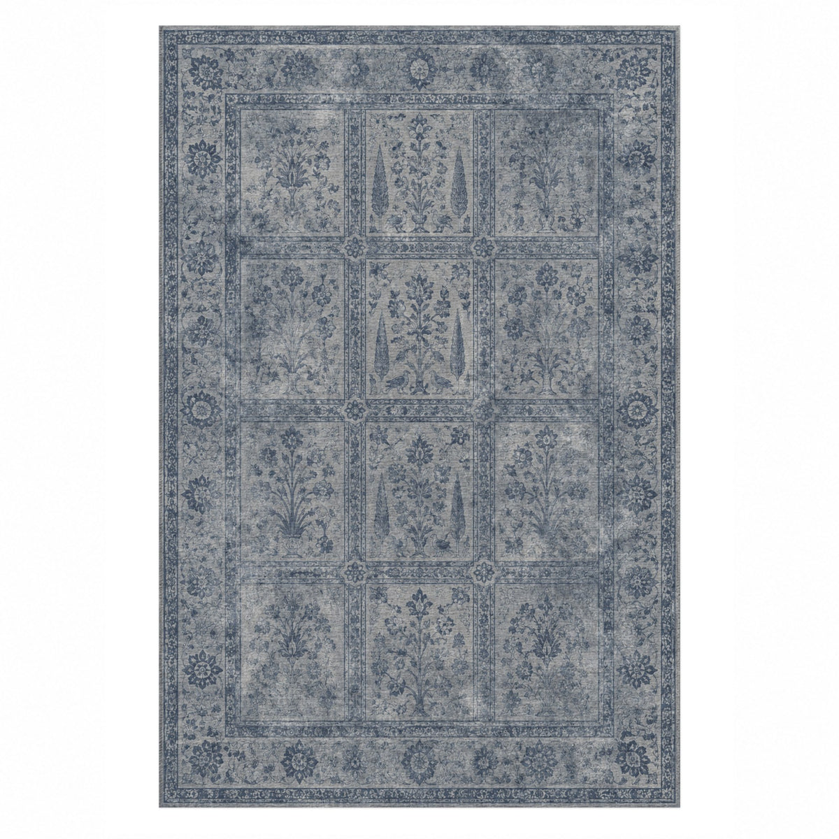 Garden Palimpsest Slate Blue Vintage Washable Rug — top view