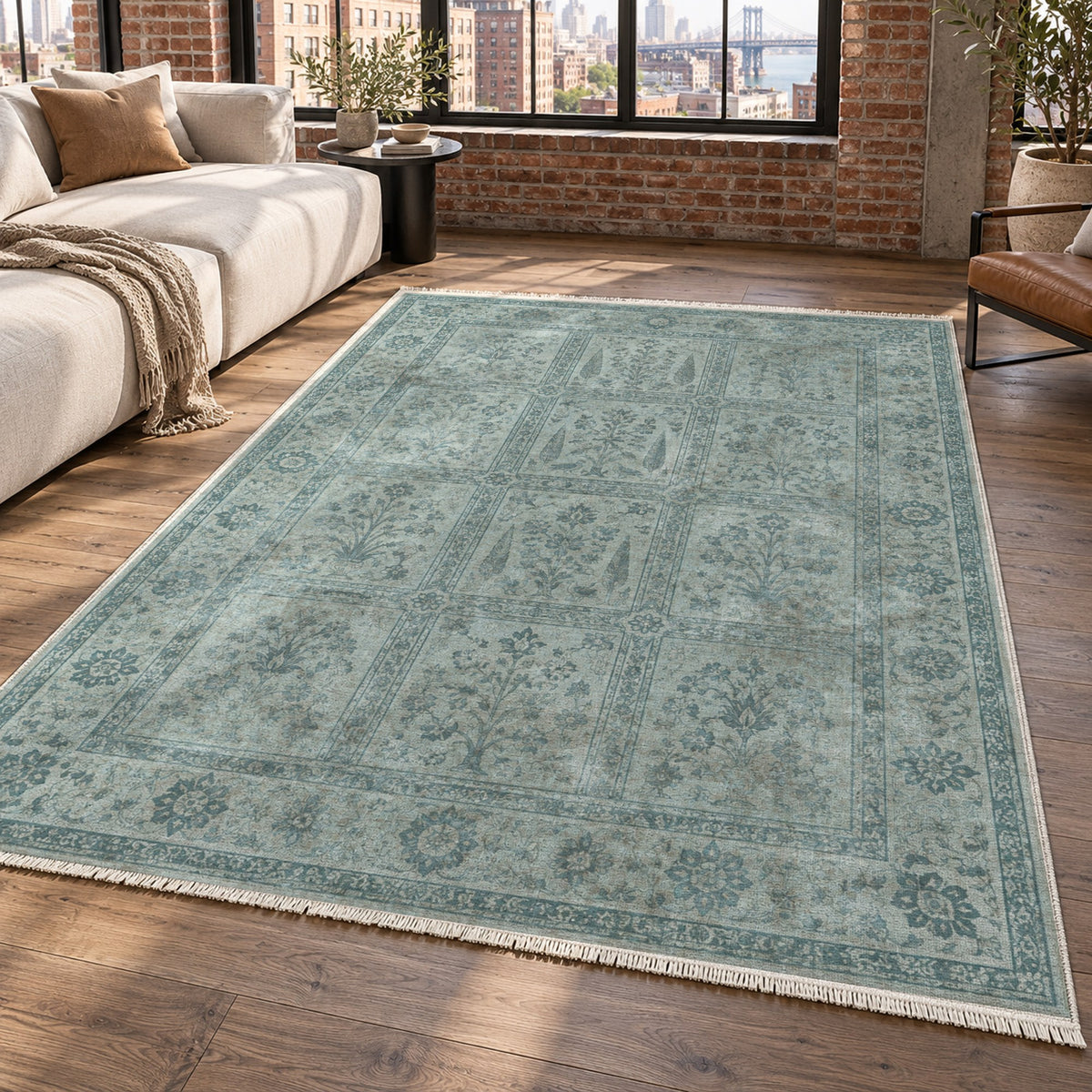 Garden Palimpsest Turquoise Blue Vintage Washable Rug — new york living