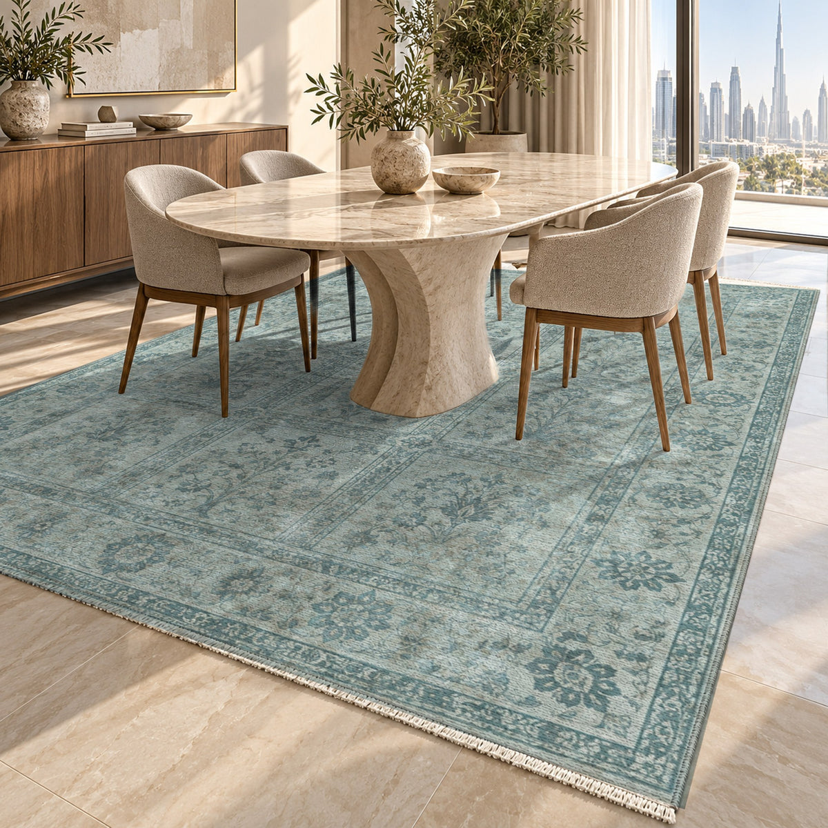 Garden Palimpsest Turquoise Blue Vintage Washable Rug — dubai dining