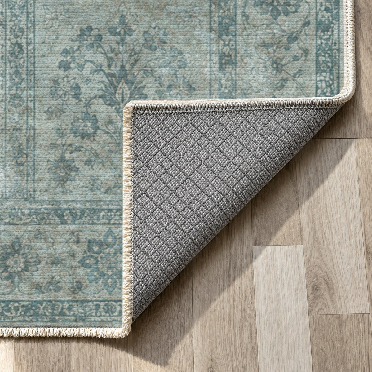 Garden Palimpsest Turquoise Blue Vintage Washable Rug — backing close up