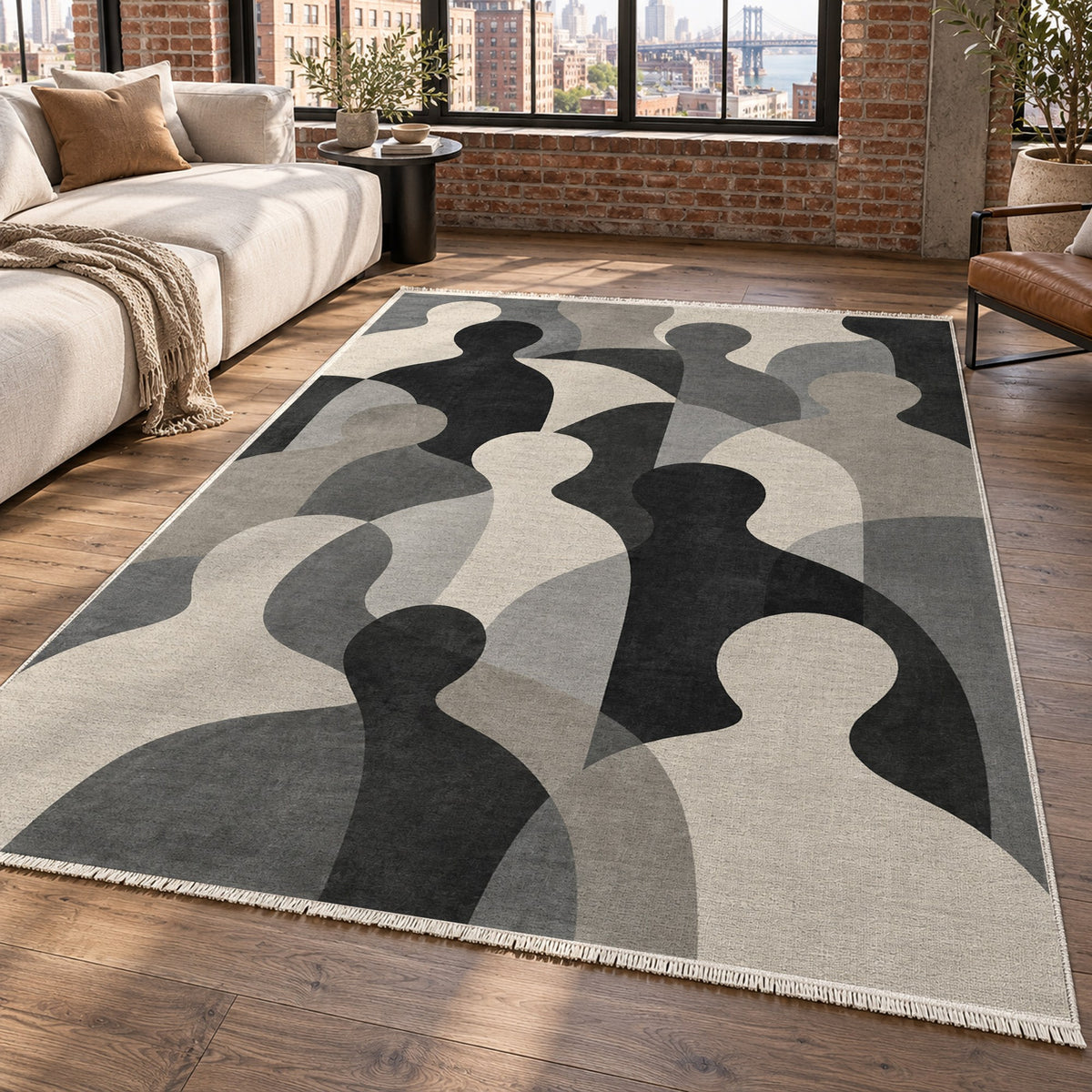 Gathering Shapes Charcoal Abstract Washable Rug — new york living