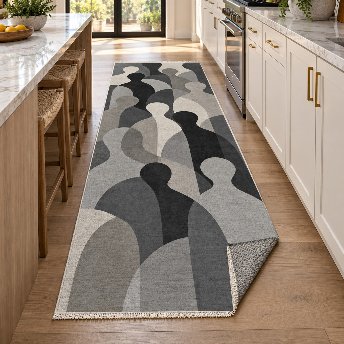 Gathering Shapes Charcoal Abstract Washable Rug — new york kitchen runner