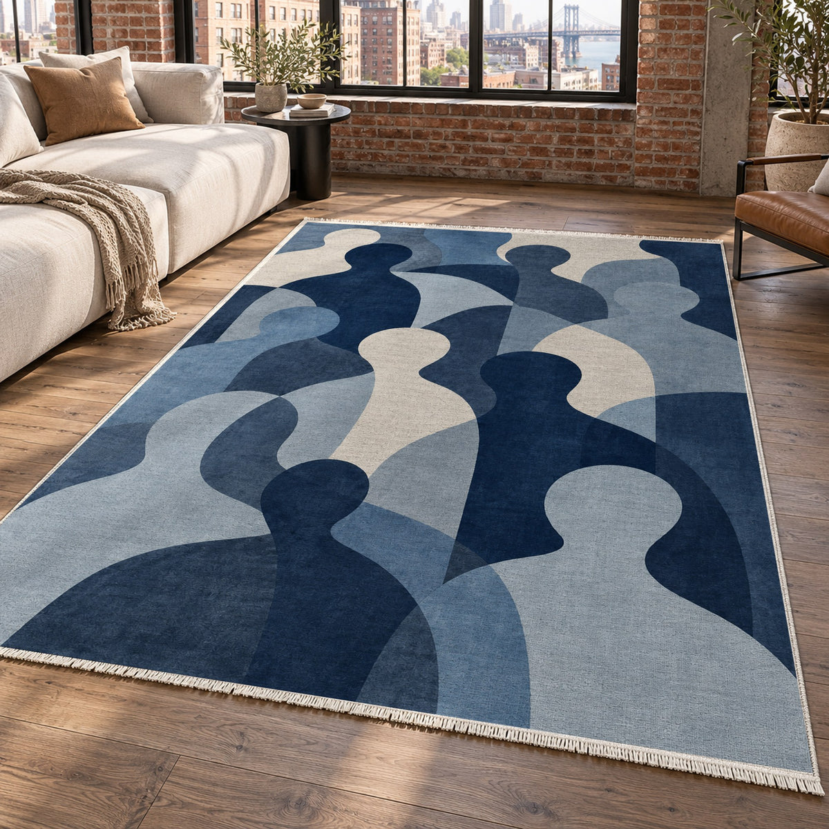Gathering Shapes Indigo Abstract Washable Rug — new york living