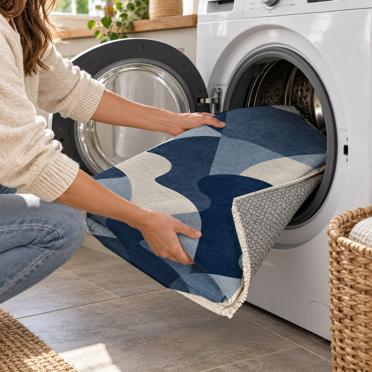 Gathering Shapes Indigo Abstract Washable Rug — washing machine