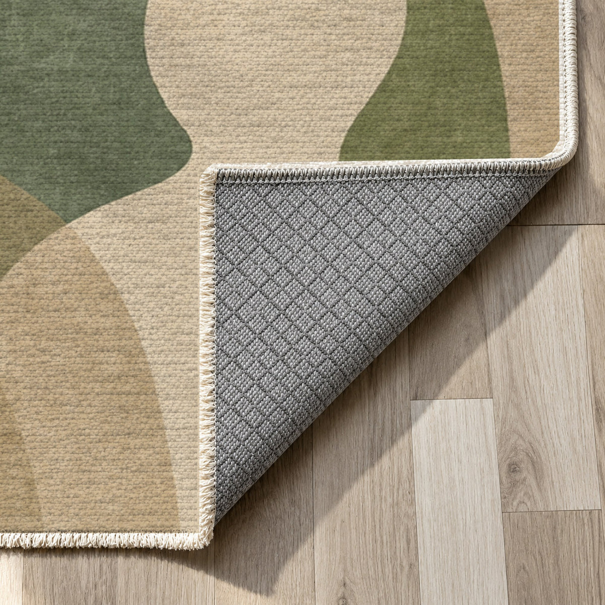 Gathering Shapes Sage Abstract Washable Rug — backing close up