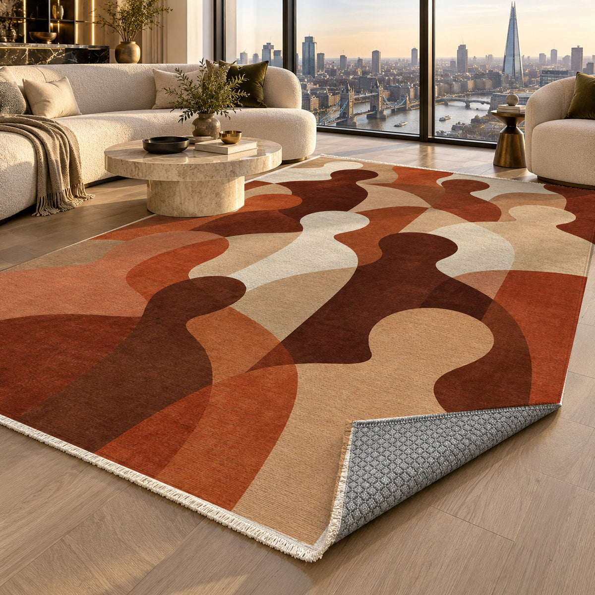 Gathering Shapes Terracotta Abstract Washable Rug — london luxury living