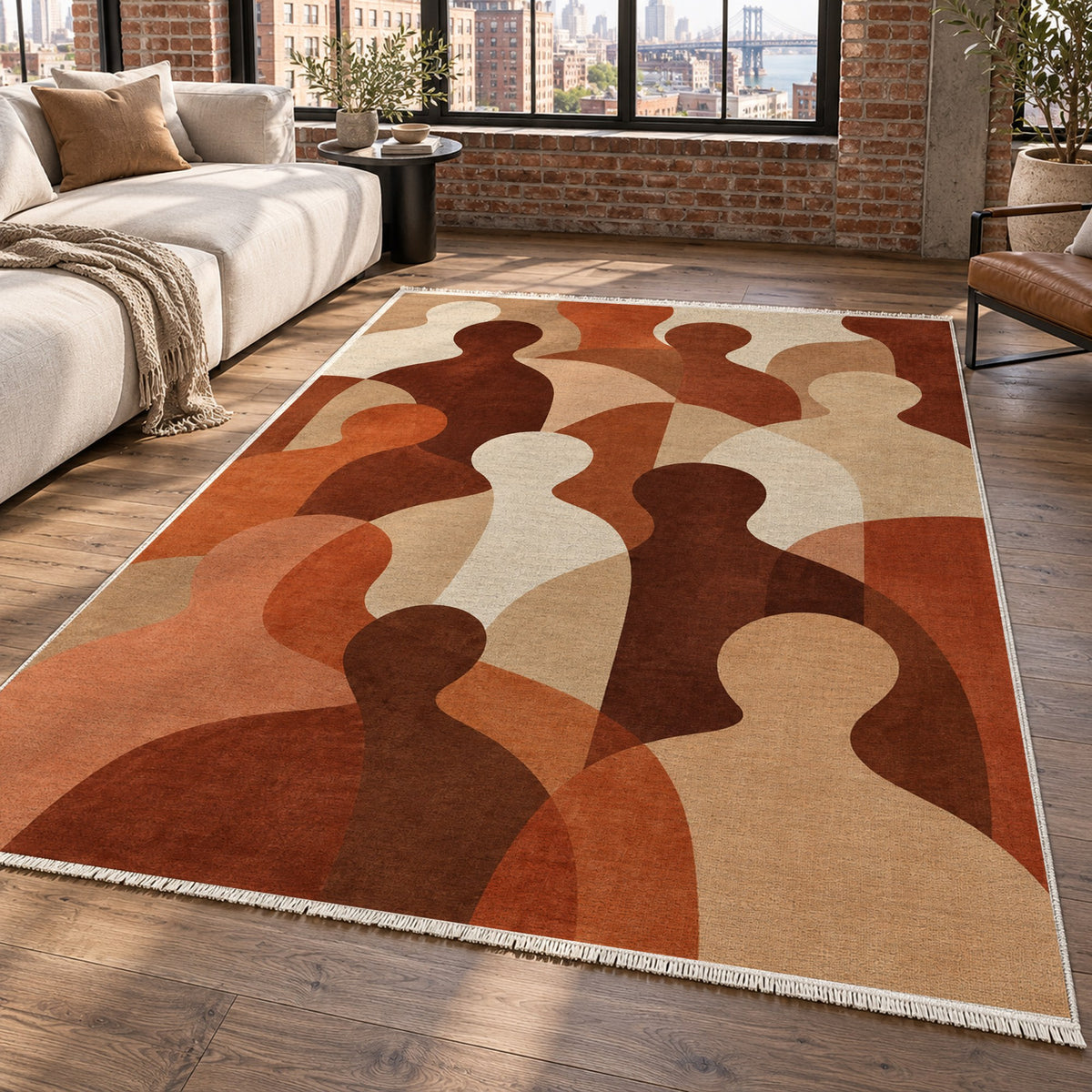 Gathering Shapes Terracotta Abstract Washable Rug — new york living