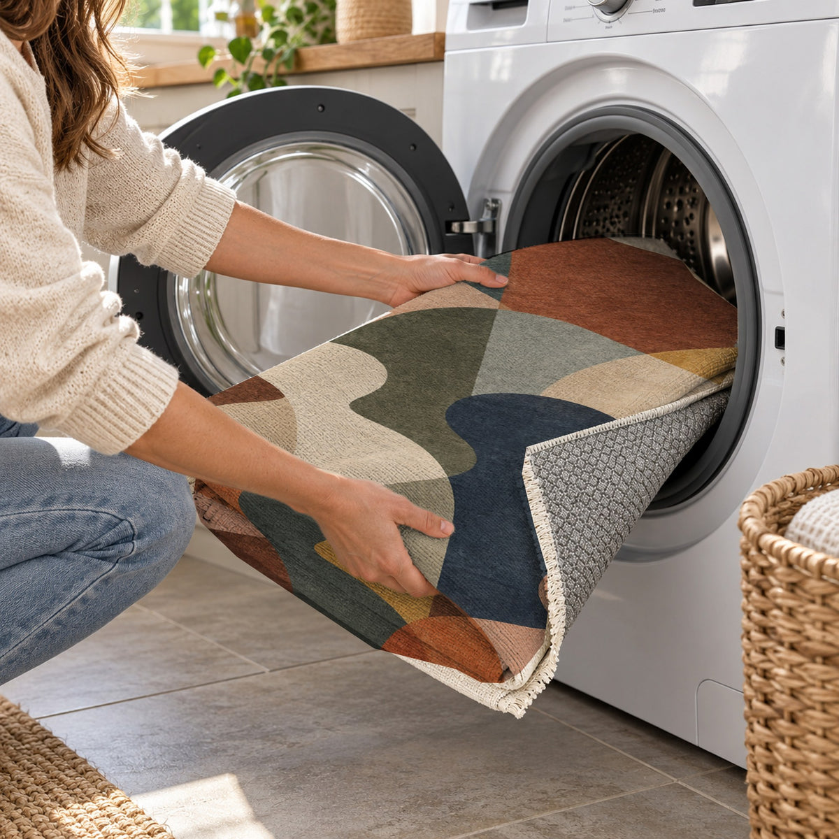 Gathering Shapes Abstract Washable Rug — washing machine