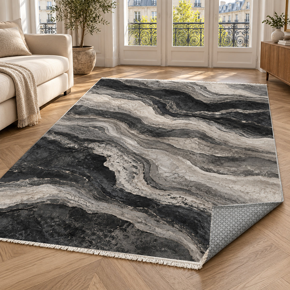 Geological Layers Charcoal Abstract Washable Rug — paris living