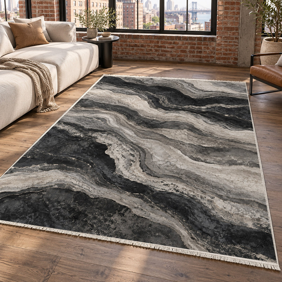 Geological Layers Charcoal Abstract Washable Rug — new york living