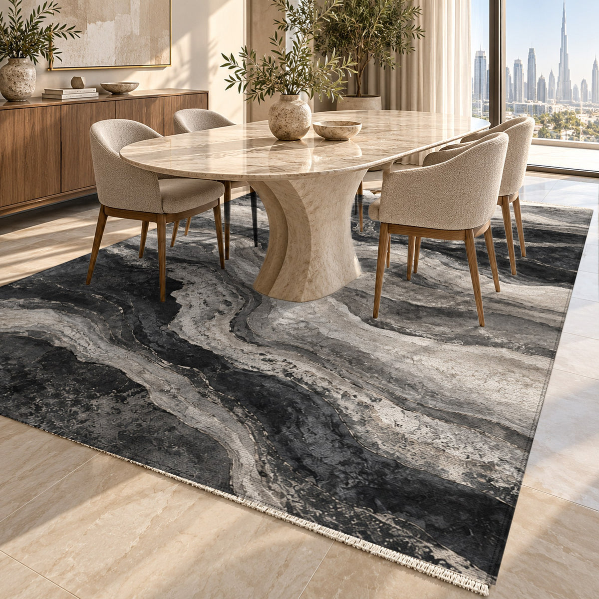 Geological Layers Charcoal Abstract Washable Rug — dubai dining