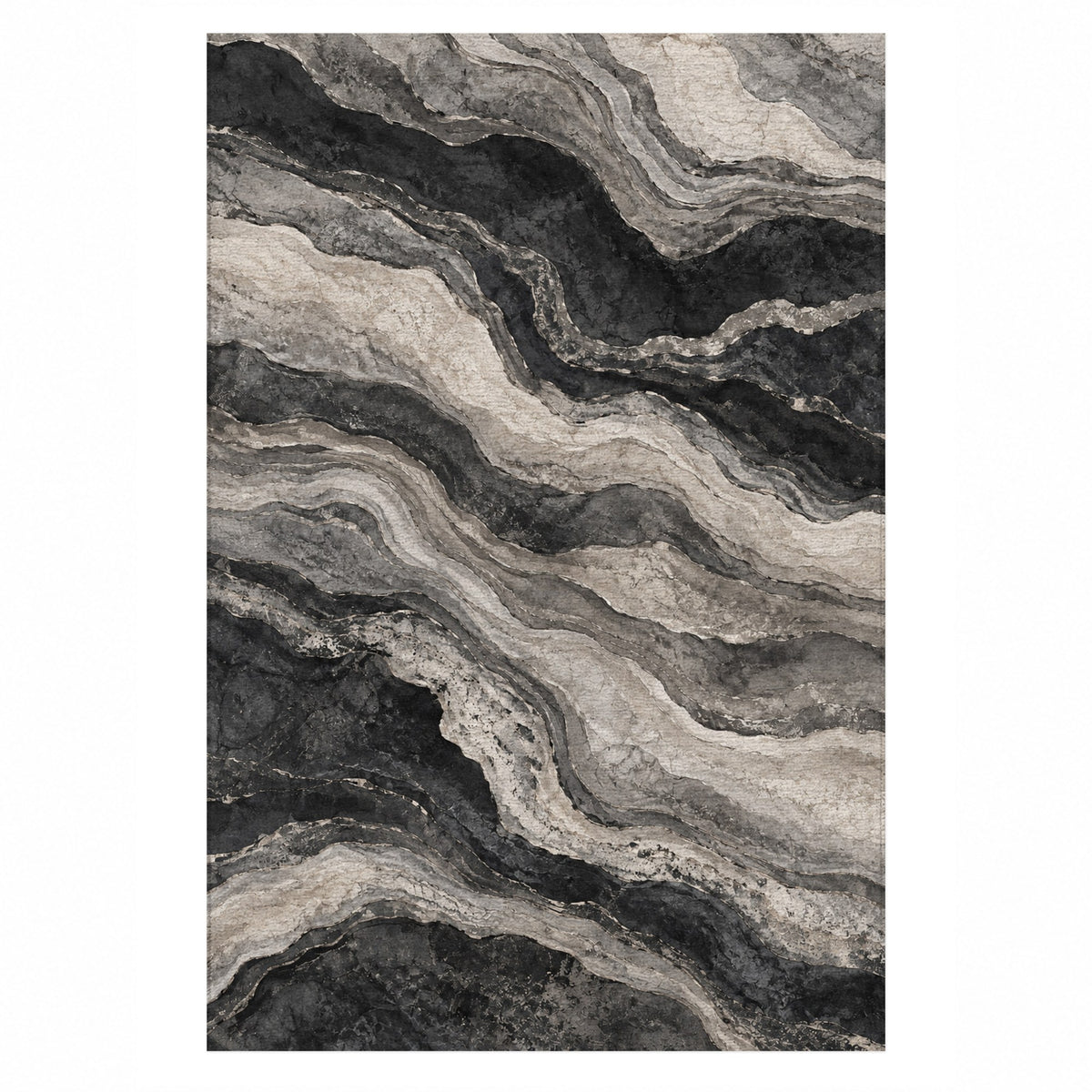 Geological Layers Charcoal Abstract Washable Rug — top view