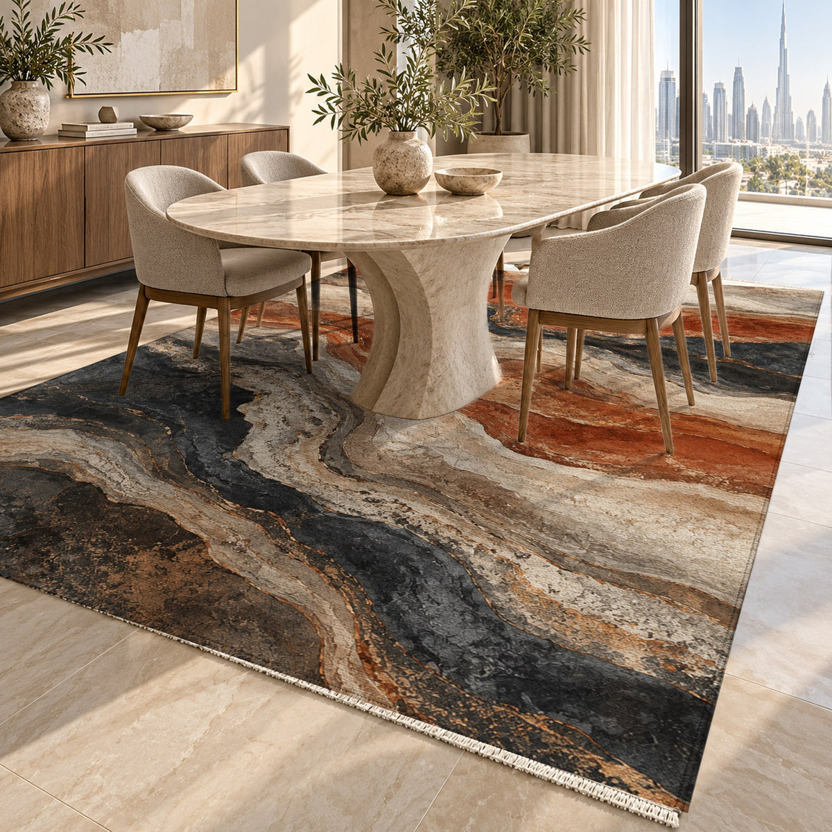 Geological Layers II Abstract Washable Rug — dubai dining