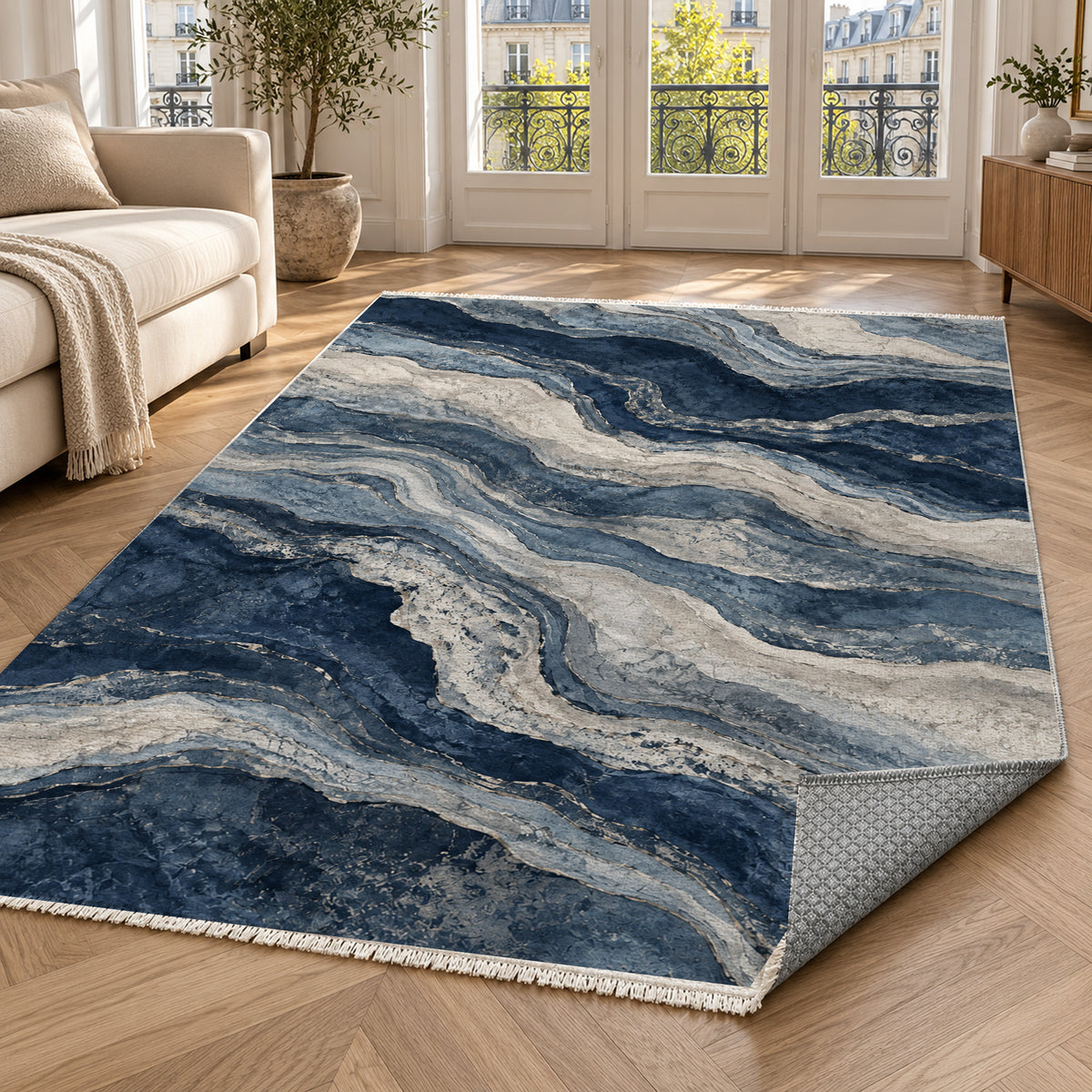 Geological Layers Indigo Abstract Washable Rug — paris living