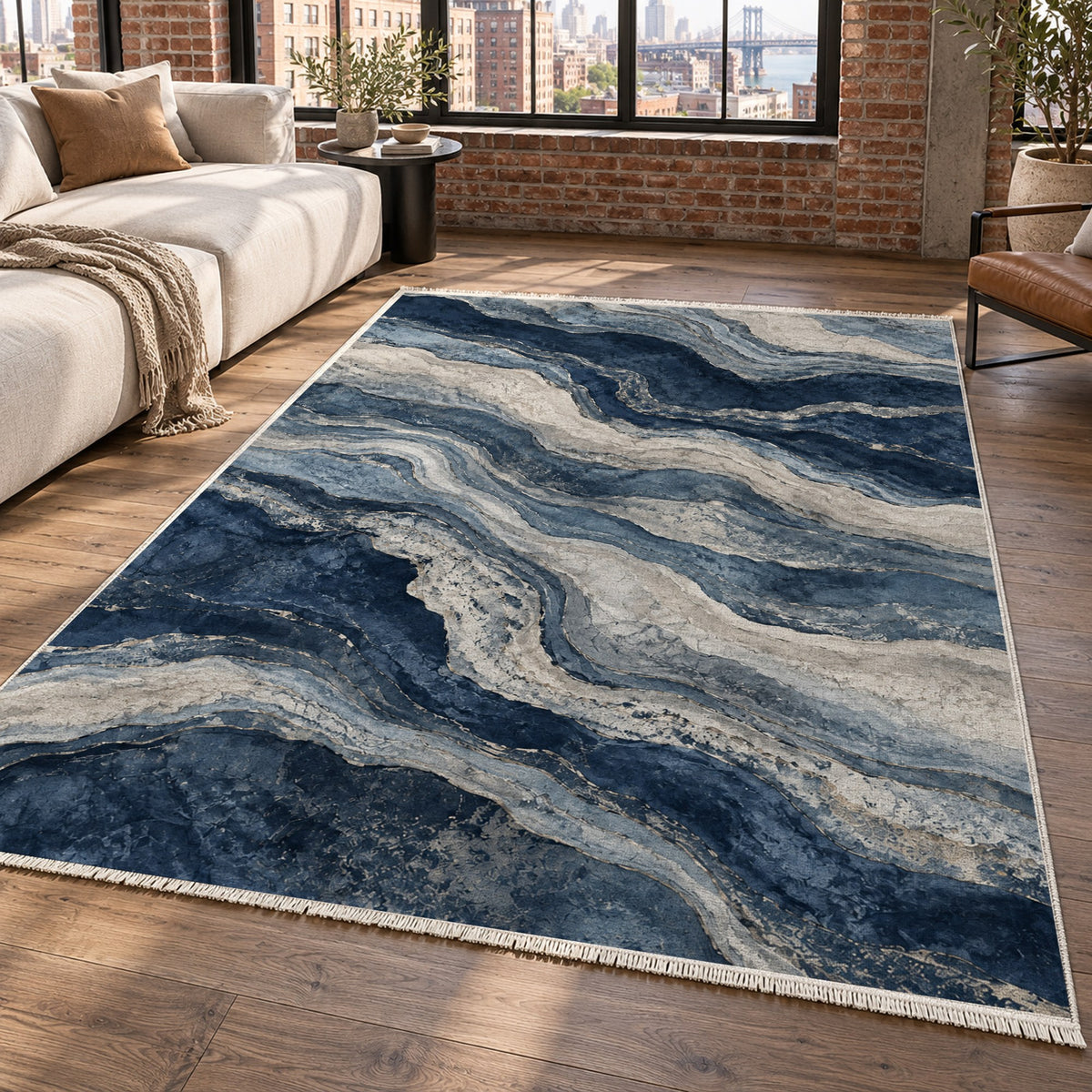 Geological Layers Indigo Abstract Washable Rug — new york living