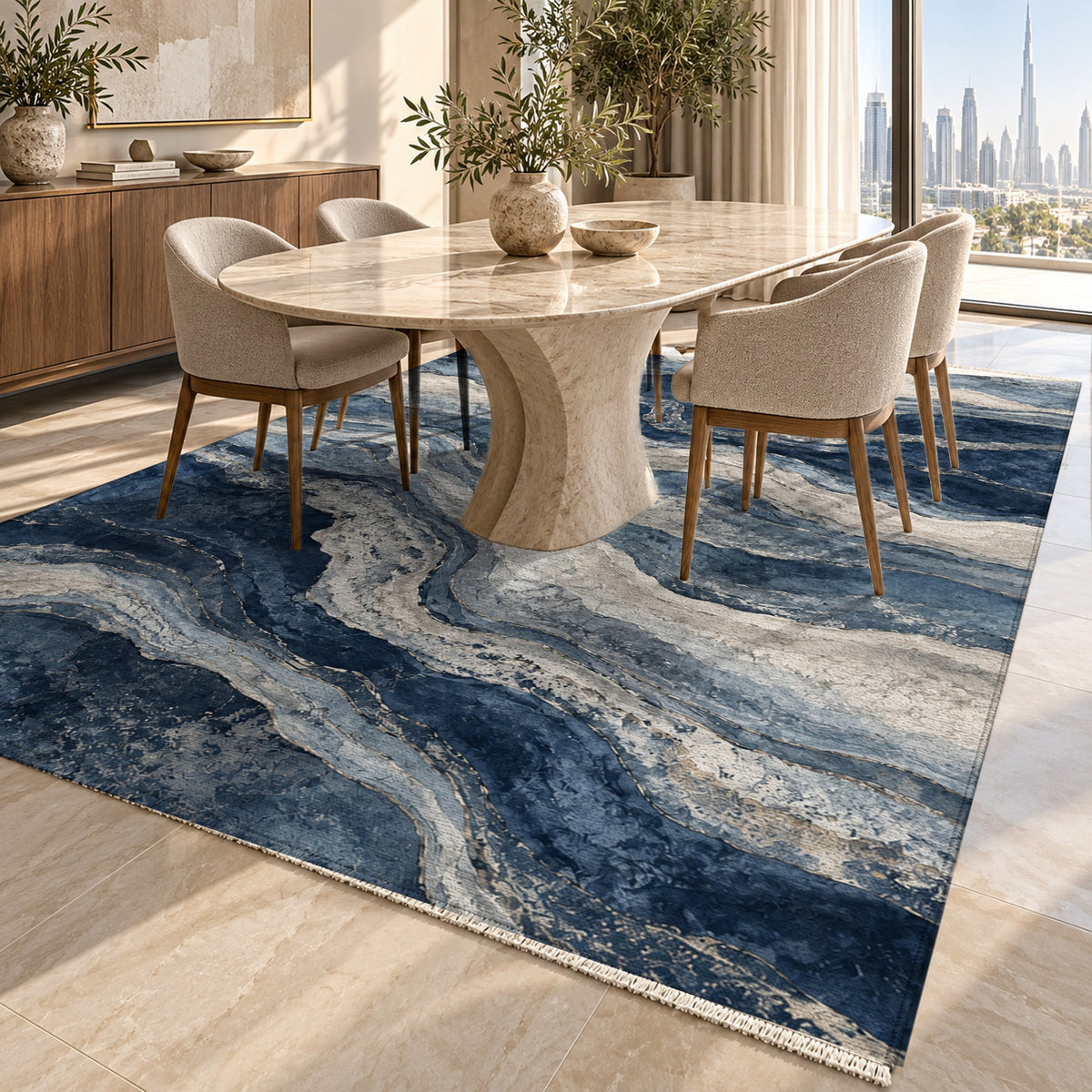 Geological Layers Indigo Abstract Washable Rug — dubai dining