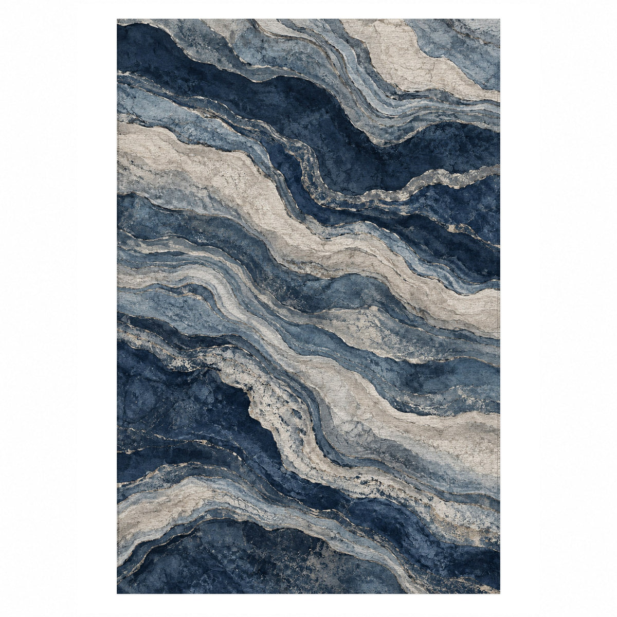 Geological Layers Indigo Abstract Washable Rug — top view