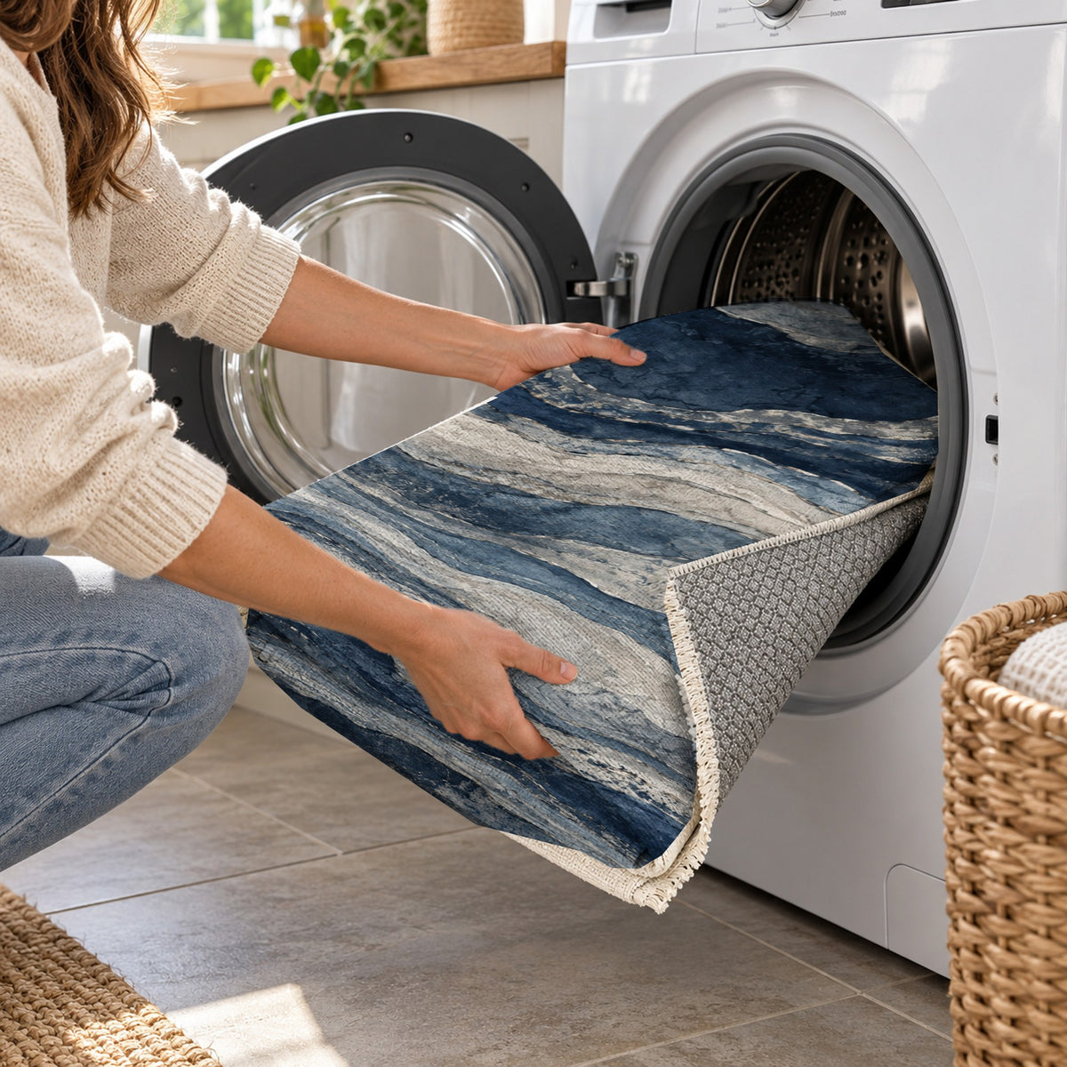 Geological Layers Indigo Abstract Washable Rug — washing machine