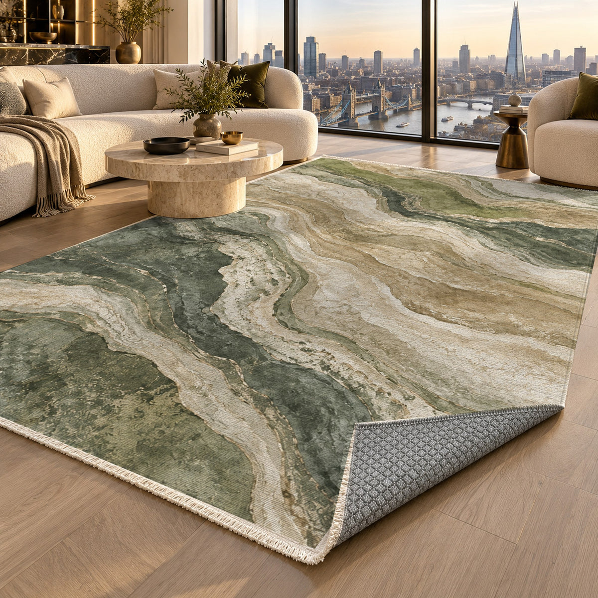 Geological Layers Sage Abstract Washable Rug — london luxury living