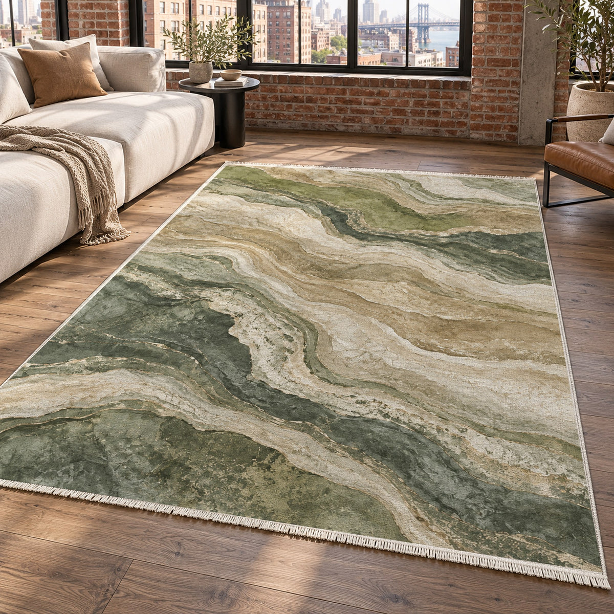 Geological Layers Sage Abstract Washable Rug — new york living