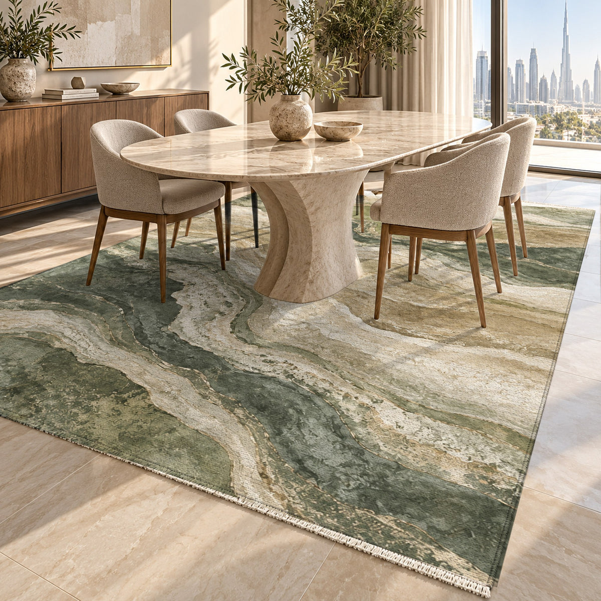 Geological Layers Sage Abstract Washable Rug — dubai dining