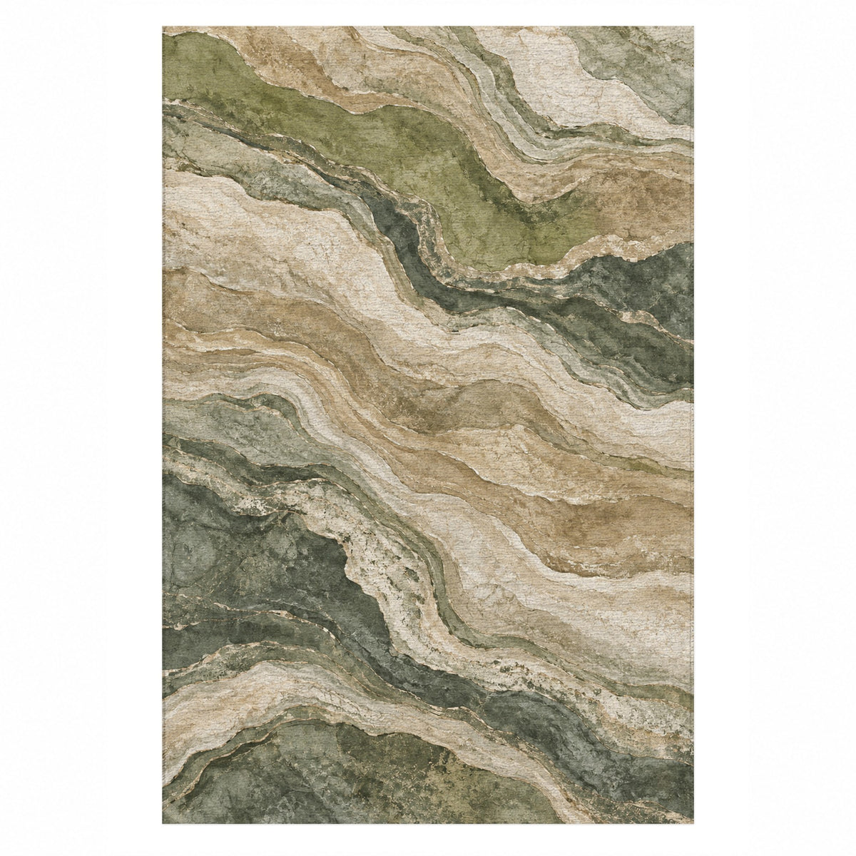 Geological Layers Sage Abstract Washable Rug — top view