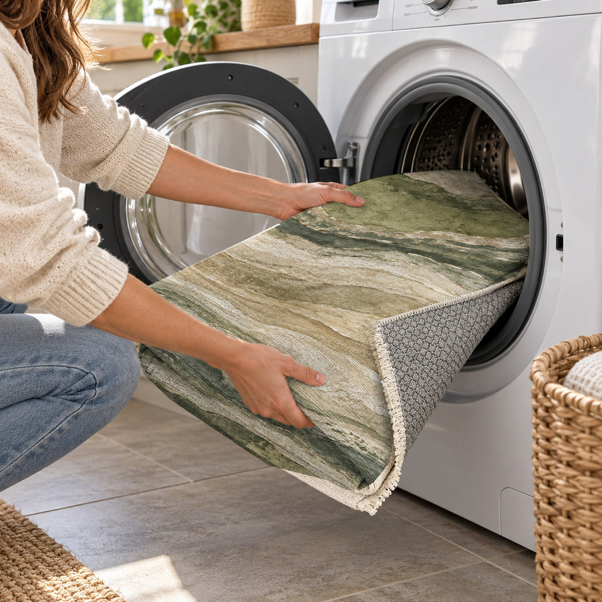Geological Layers Sage Abstract Washable Rug — washing machine