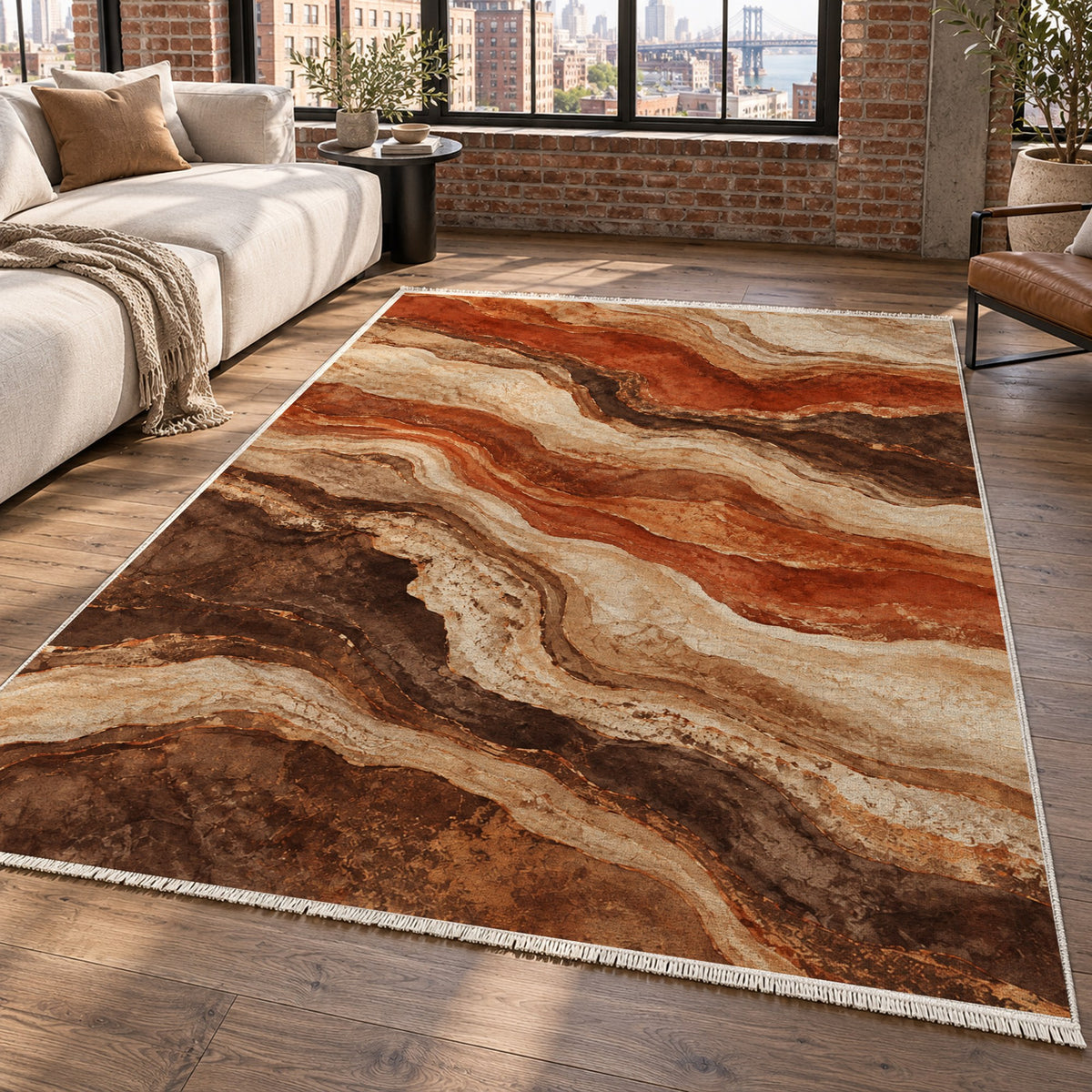 Geological Layers Terracotta Abstract Washable Rug — new york living