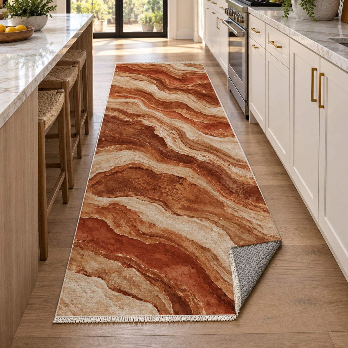 Geological Layers Terracotta Abstract Washable Rug — new york kitchen runner