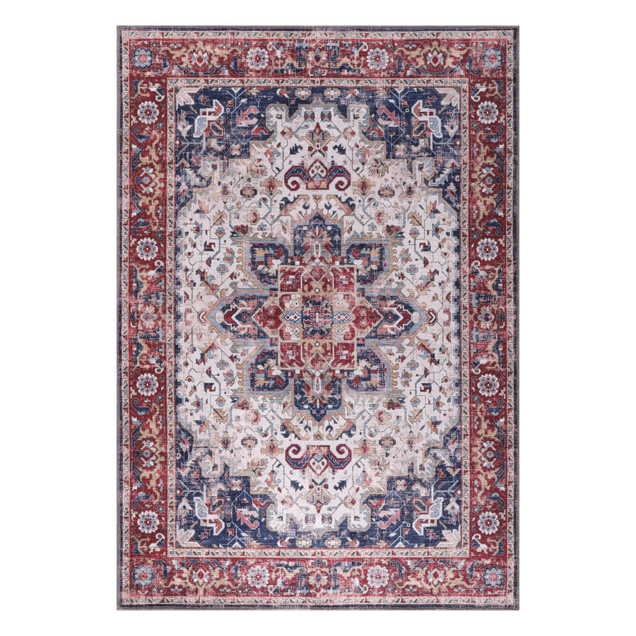 Caesarea Ivory Navy Red Medallion Washable Rug