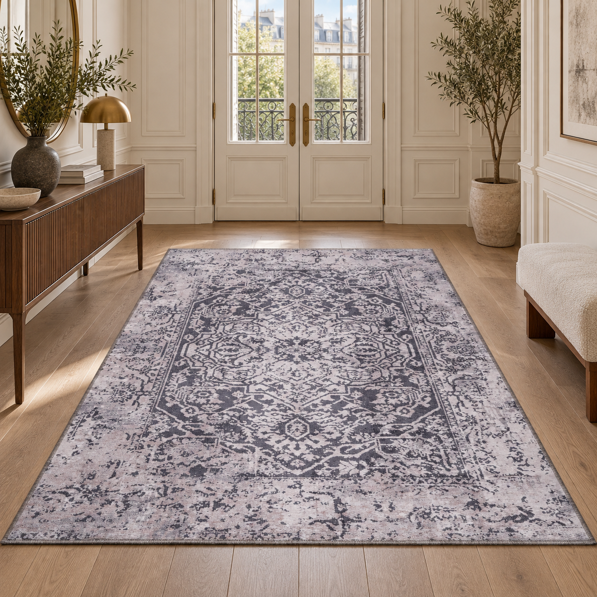 Germanica Washable 1338 — washable 1338 charcoal grey distressed medallion hallway entrance rug 09