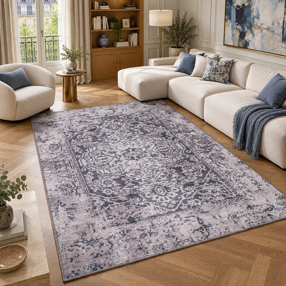 Germanica Washable 1338 — washable 1338 charcoal grey distressed medallion living room rug 03