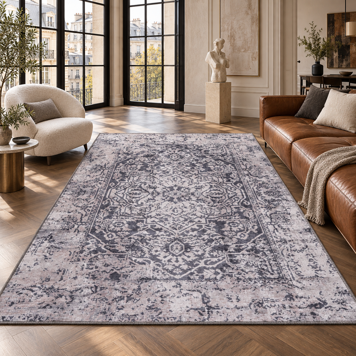 Germanica Washable 1338 — washable 1338 charcoal grey distressed medallion loft living room rug 01