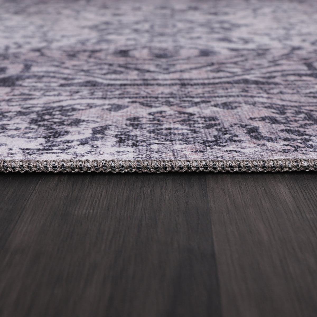 Germanica Washable 1338 — washable 1338 charcoal grey distressed medallion pile close up rug 17