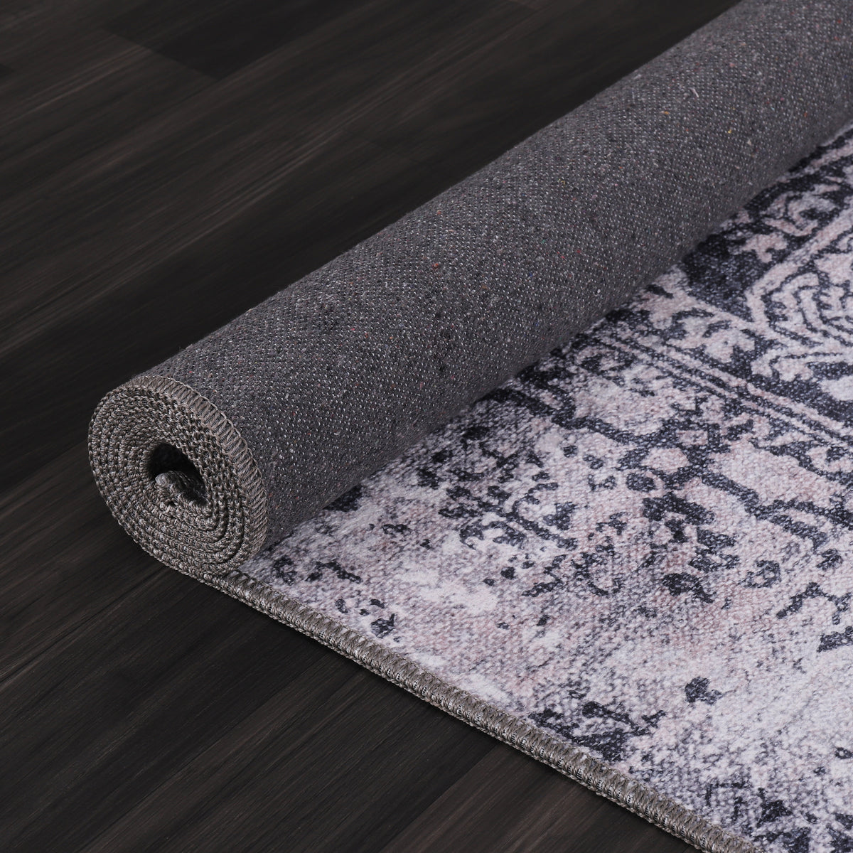 Germanica Washable 1338 — washable 1338 charcoal grey distressed medallion rolled non slip backing rug 16