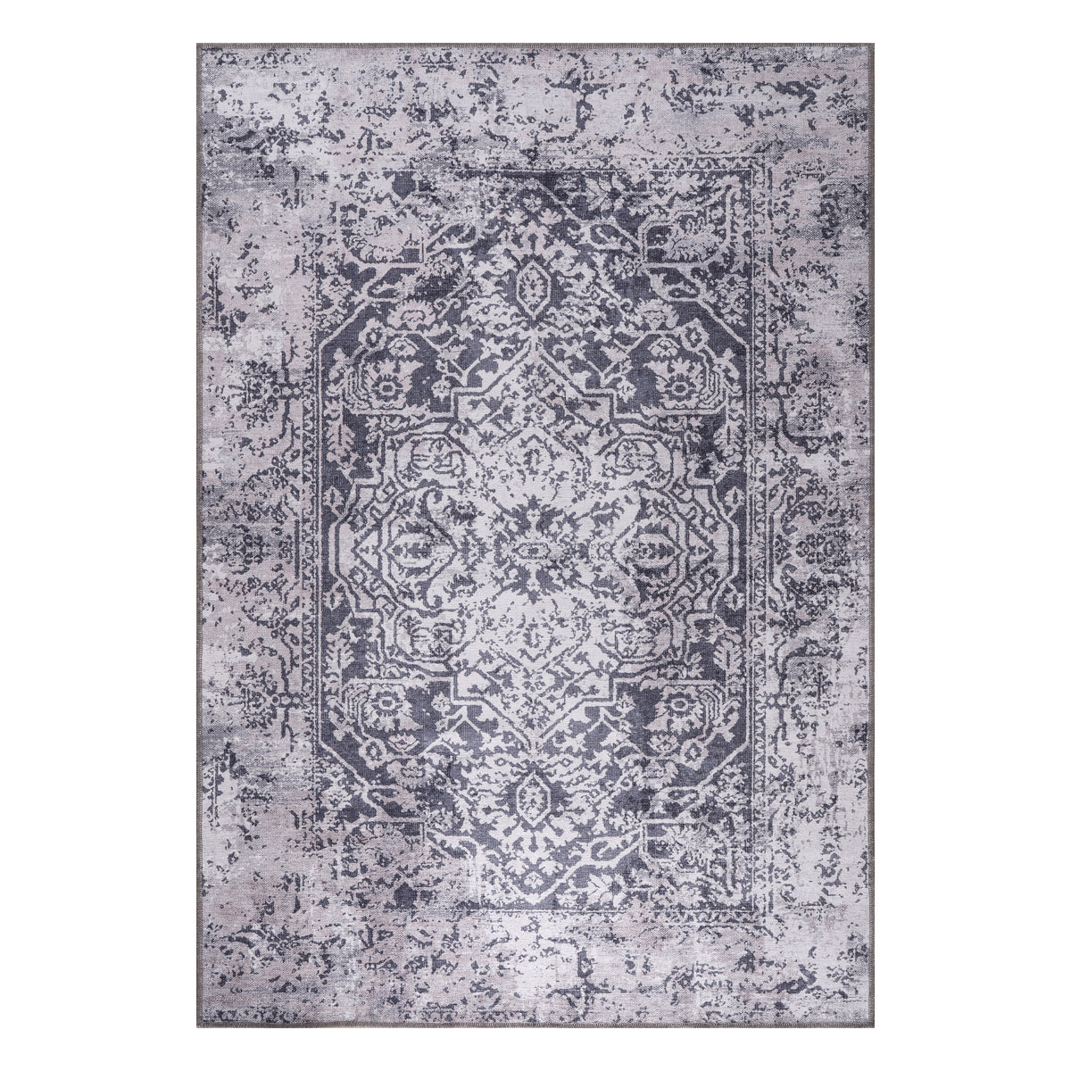 Germanica Washable 1338 — washable 1338 charcoal grey distressed medallion top view rug 15
