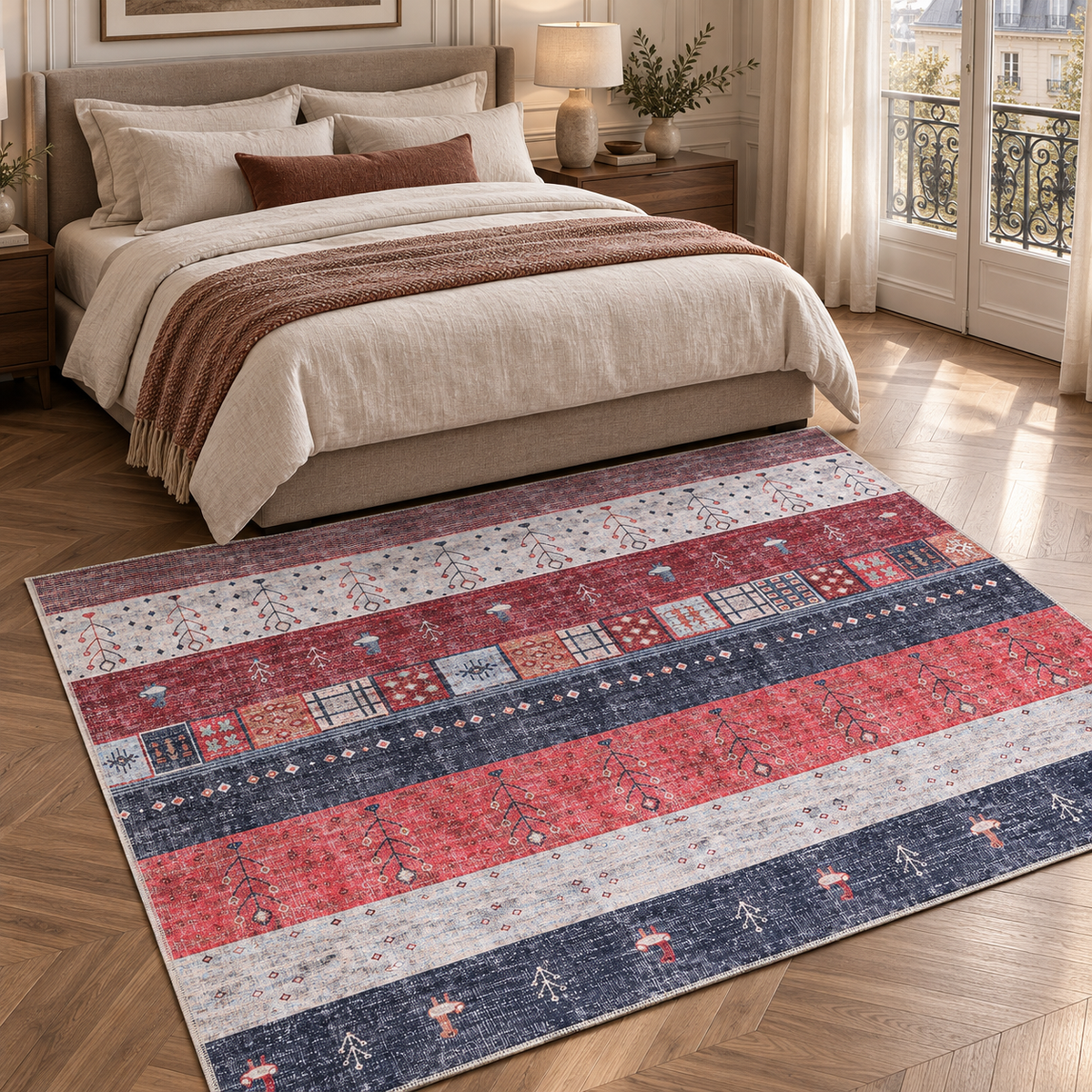 Germanica Washable 1339 — washable 1339 red navy striped tribal bedroom rug 07