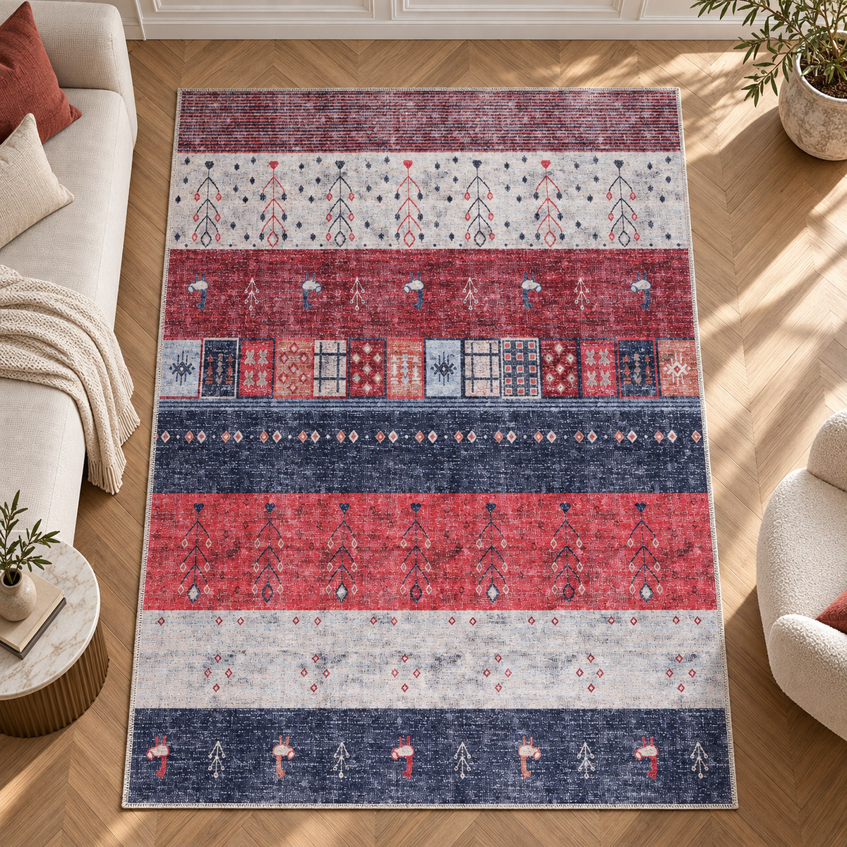 Germanica Washable 1339 — washable 1339 red navy striped tribal living room rug 01