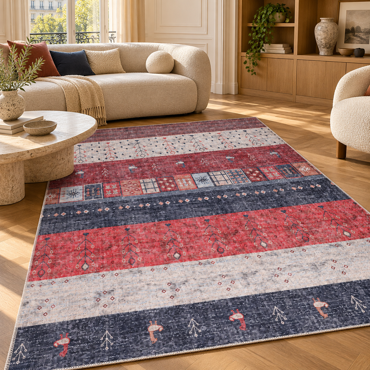 Germanica Washable 1339 — washable 1339 red navy striped tribal living room rug 03