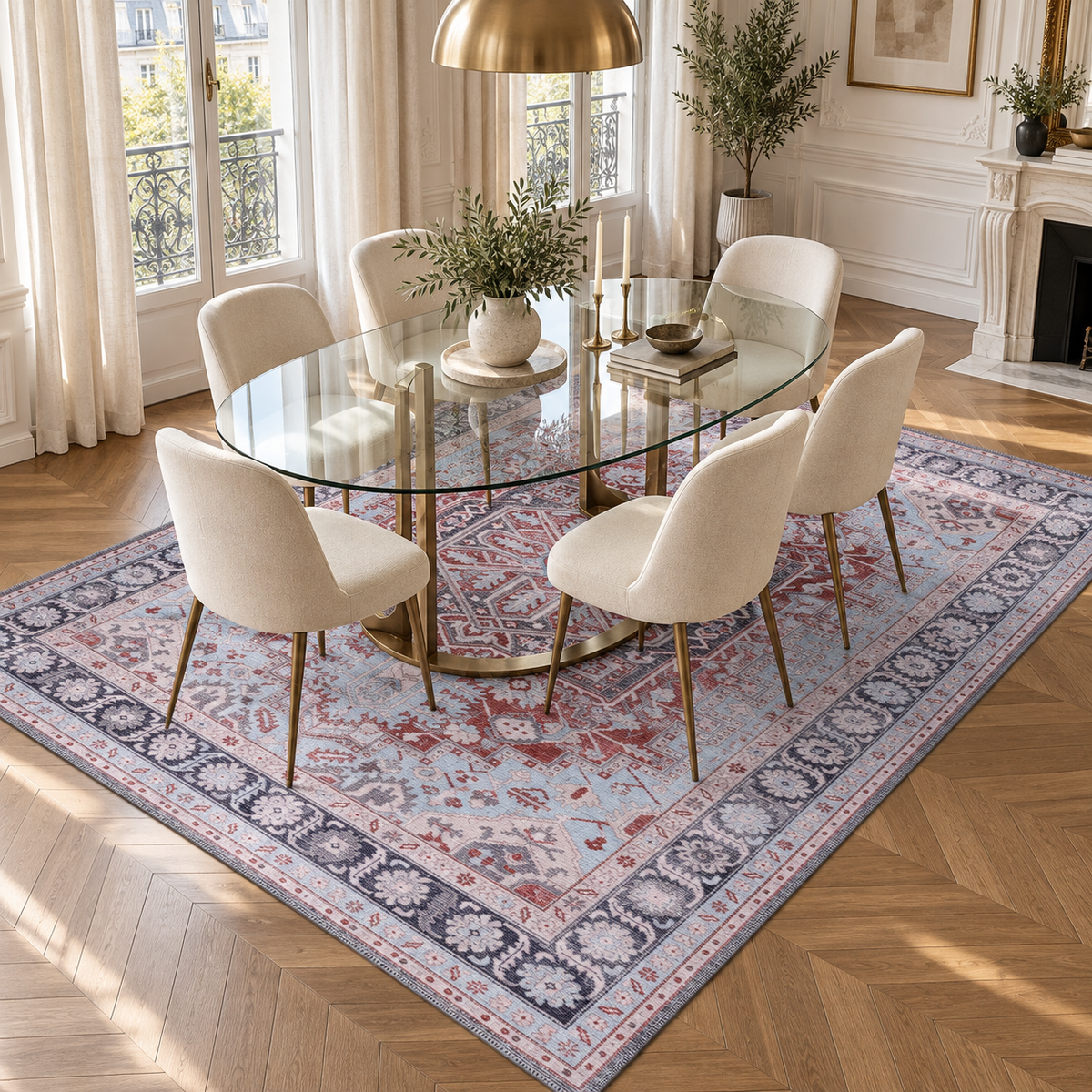 Germanica Washable K1 — washable k1 ice blue red medallion dining room rug 06