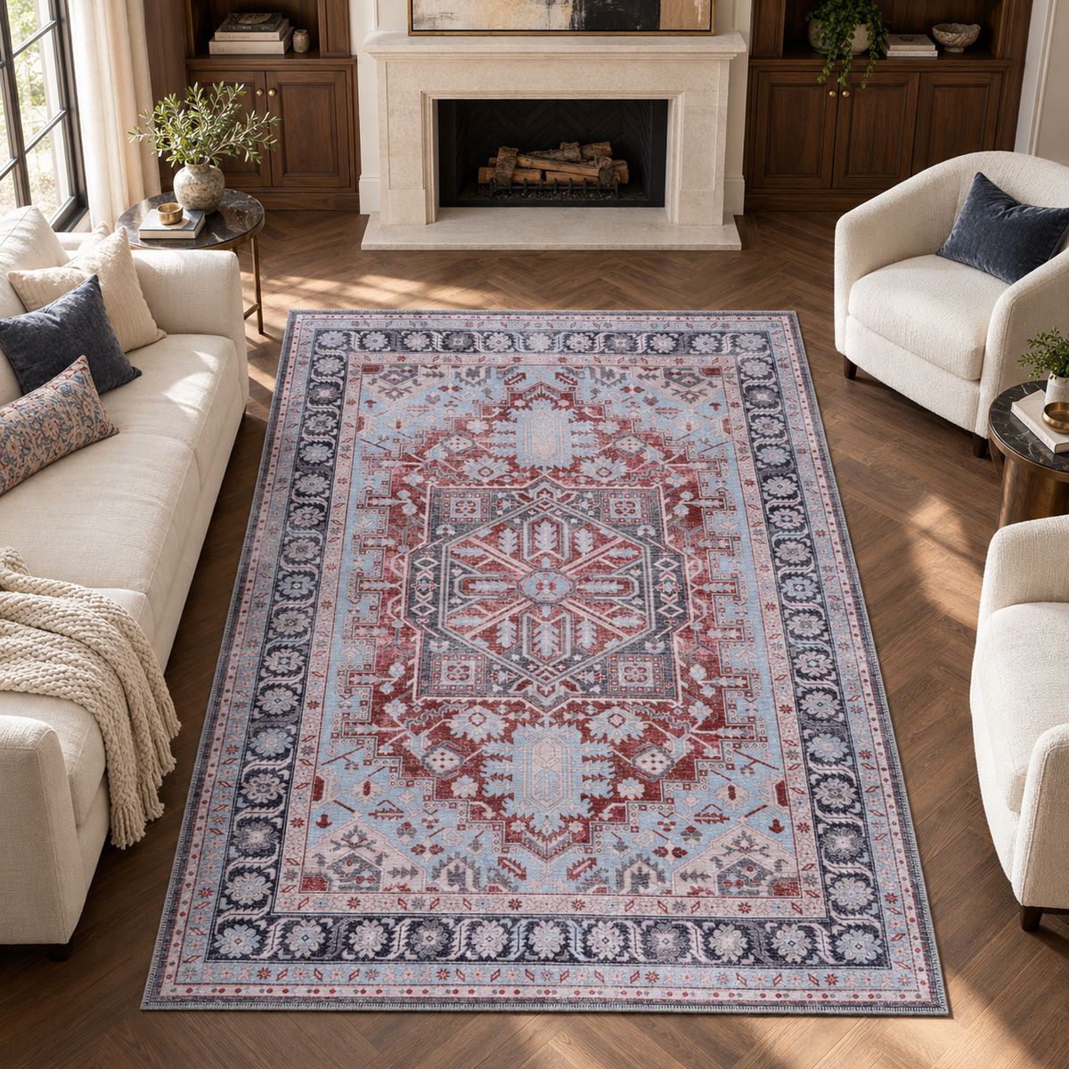 Germanica Washable K1 — washable k1 ice blue red medallion living room rug 03
