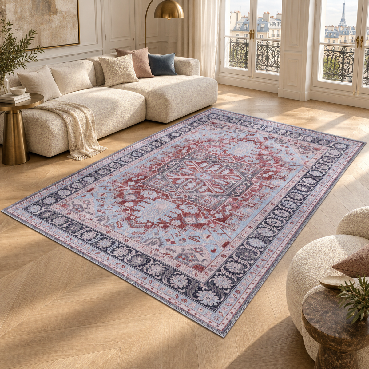 Germanica Washable K1 — washable k1 ice blue red medallion loft living room rug 01