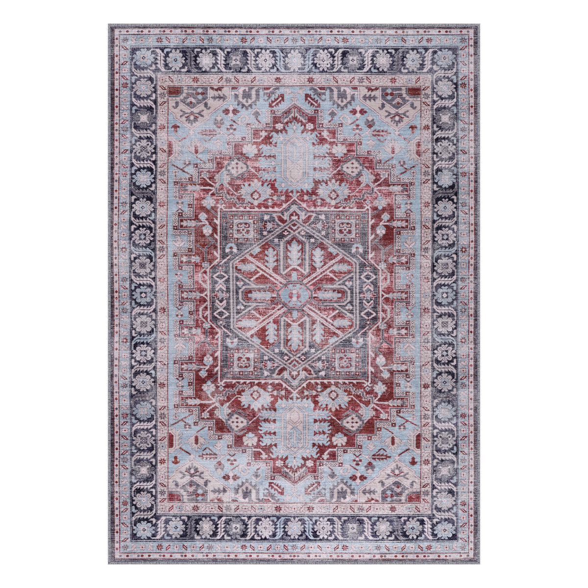 Germanica Washable K1 — washable k1 ice blue red medallion top view rug 14