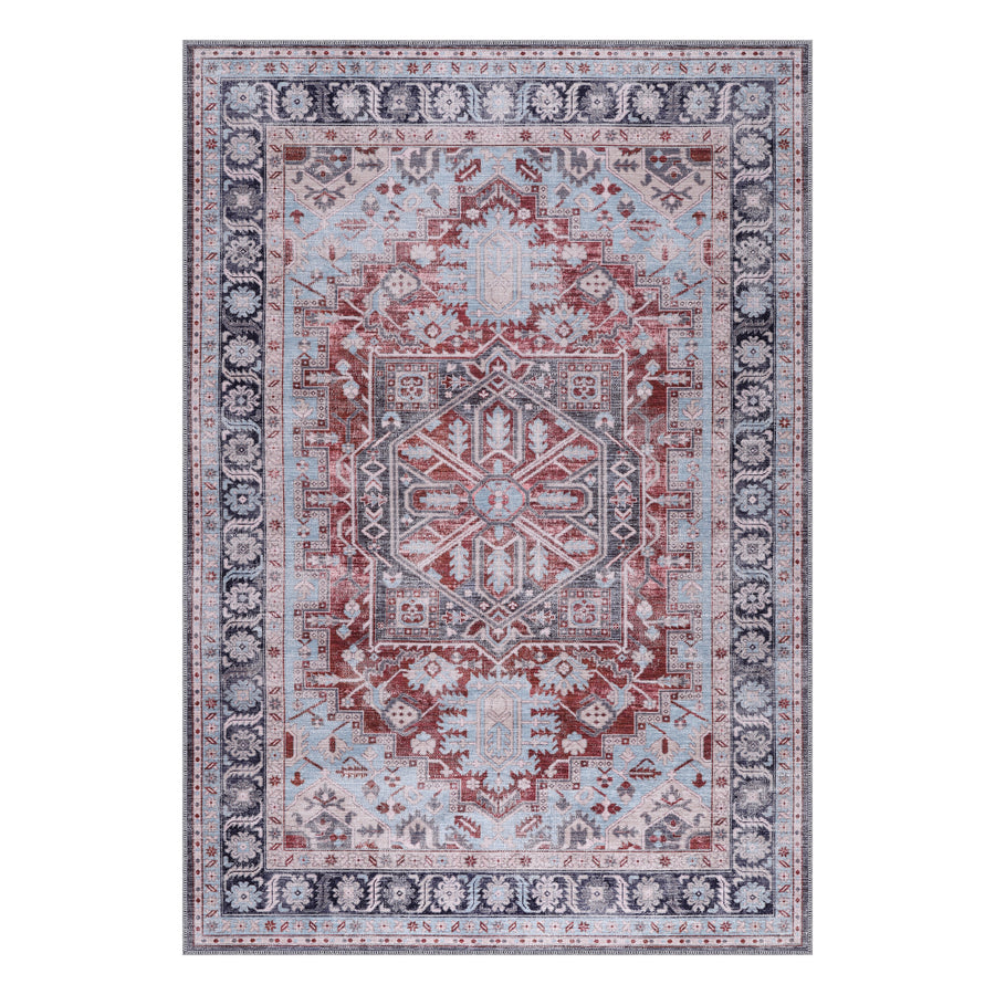 Commagene Ice Blue Brick Medallion Washable Rug