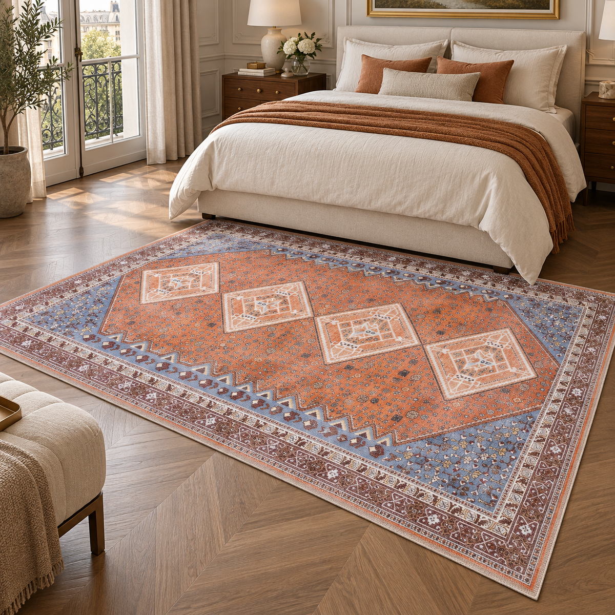 Germanica Washable R1 — washable r1 terracotta blue diamond tribal bedroom rug 05