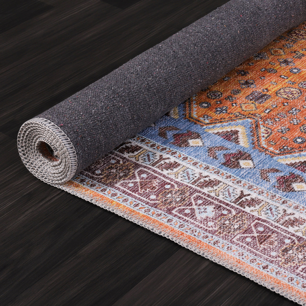 Germanica Washable R1 — washable r1 terracotta blue diamond tribal pile close up rug 16