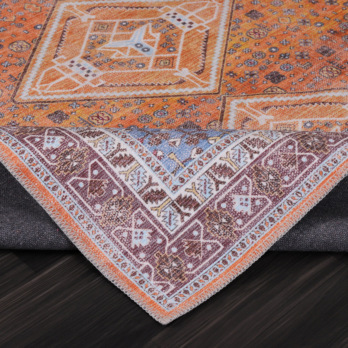 Germanica Washable R1 — washable r1 terracotta blue diamond tribal rolled non slip backing rug 15