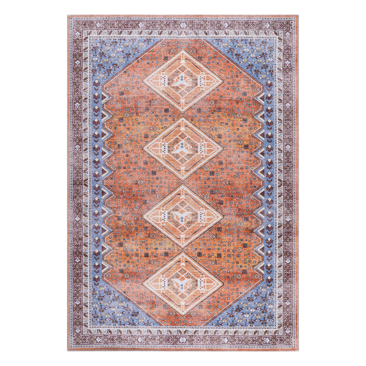 Germanica Washable R1 — washable r1 terracotta blue diamond tribal top view rug 14