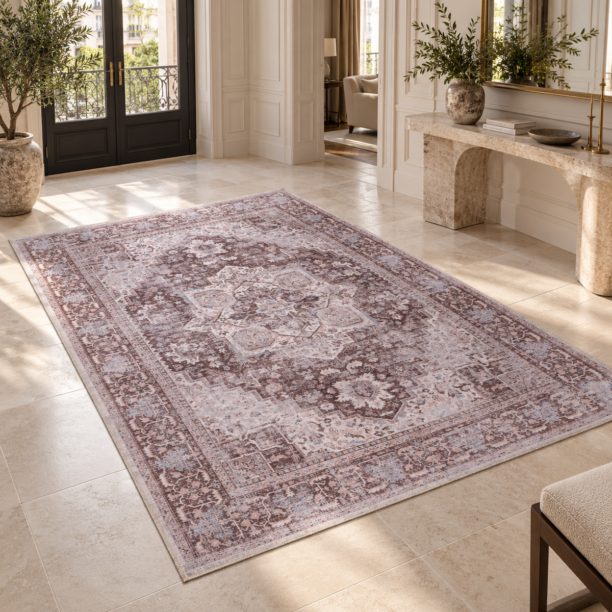 Germanica Washable R2 — washable r2 rose mauve medallion hallway entrance rug 09
