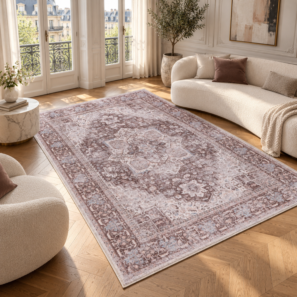 Germanica Washable R2 — washable r2 rose mauve medallion parisian living room rug 01